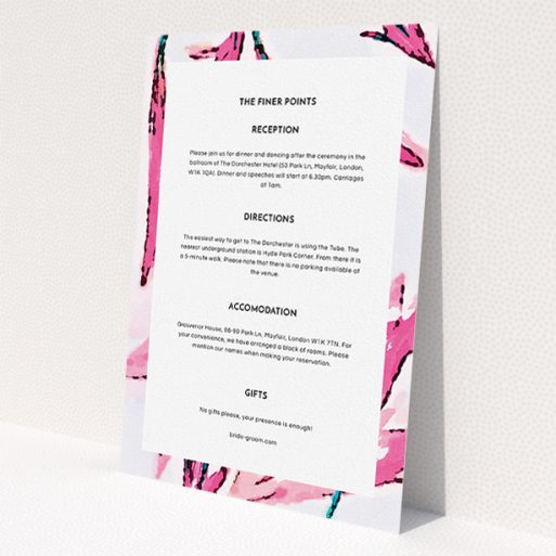 A wedding information sheet design titled 'By the river bank'. It is an A5 card in a portrait orientation. 'By the river bank' is available as a flat card, with mainly pink colouring.