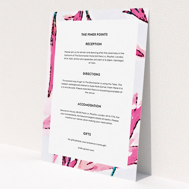 A wedding information sheet design titled "By the river bank". It is an A5 card in a portrait orientation. "By the river bank" is available as a flat card, with mainly pink colouring.