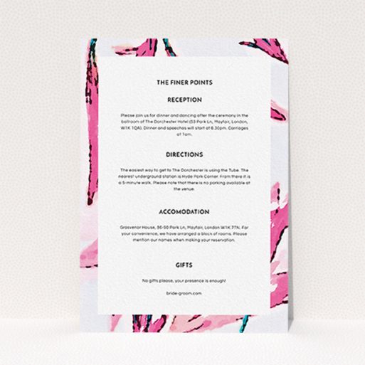 A wedding information sheet design named "By the river bank". It is an A6 card in a portrait orientation. "By the river bank" is available as a flat card, with mainly pink colouring.