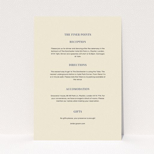 A wedding information sheet design named "Classic face". It is an A5 card in a portrait orientation. "Classic face" is available as a flat card, with mainly cream colouring.