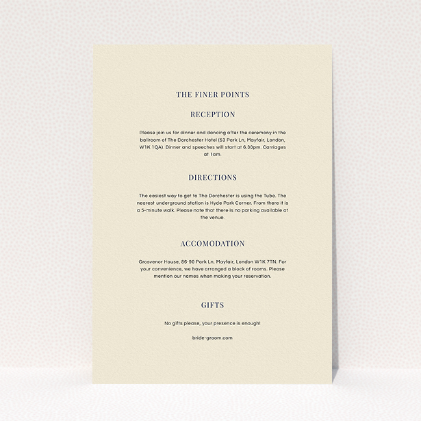 A wedding information sheet design named "Classic face". It is an A5 card in a portrait orientation. "Classic face" is available as a flat card, with mainly cream colouring.