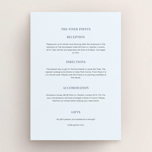 Wedding Information Insert Sheets - Classic Face (Light Blue) A wedding information sheet named "Classic face". It is an A5 card in a portrait orientation. "Classic face" is available as a flat card, with mainly light blue colouring.