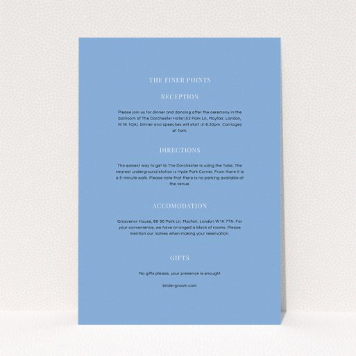 A wedding information sheet design called "Classic face". It is an A5 card in a portrait orientation. "Classic face" is available as a flat card, with mainly light blue colouring.