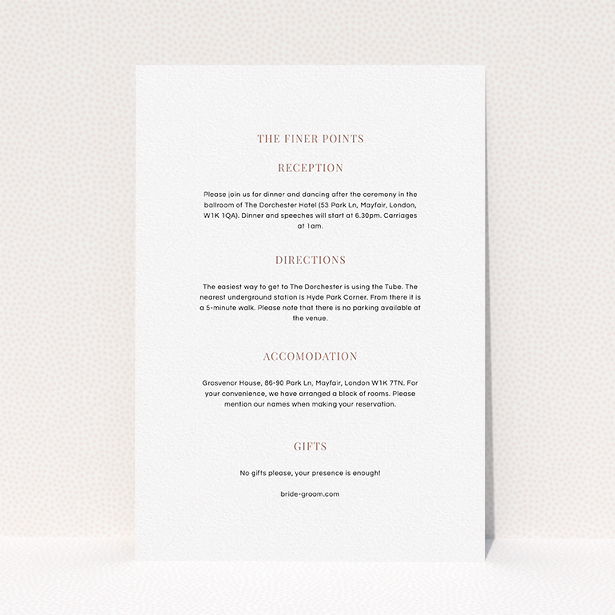 A wedding information sheet design titled "Classic face". It is an A5 card in a portrait orientation. "Classic face" is available as a flat card, with mainly white colouring.