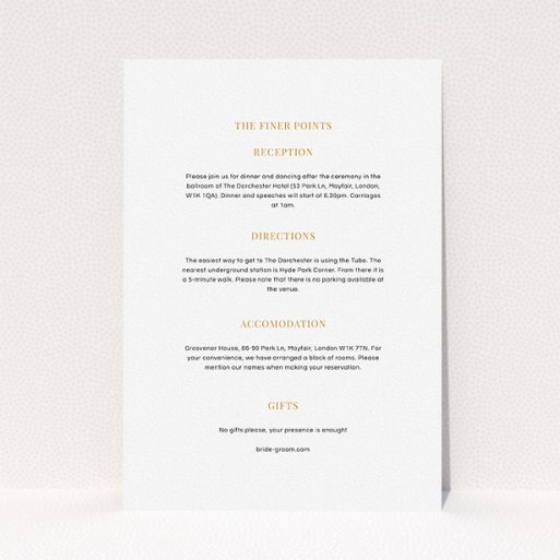 A wedding information sheet design named "Classic face". It is an A5 card in a portrait orientation. "Classic face" is available as a flat card, with mainly white colouring.