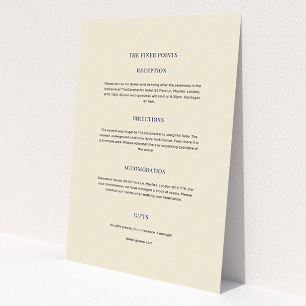 A wedding information sheet design named 'Classic face'. It is an A5 card in a portrait orientation. 'Classic face' is available as a flat card, with mainly cream colouring.