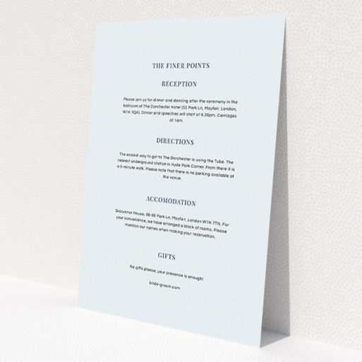 A wedding information sheet named 'Classic face'. It is an A5 card in a portrait orientation. 'Classic face' is available as a flat card, with mainly light blue colouring.