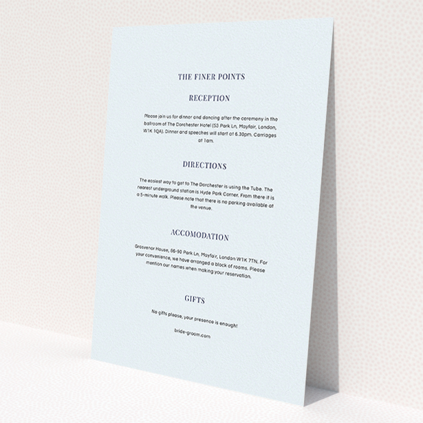 A wedding information sheet named "Classic face". It is an A5 card in a portrait orientation. "Classic face" is available as a flat card, with mainly light blue colouring.
