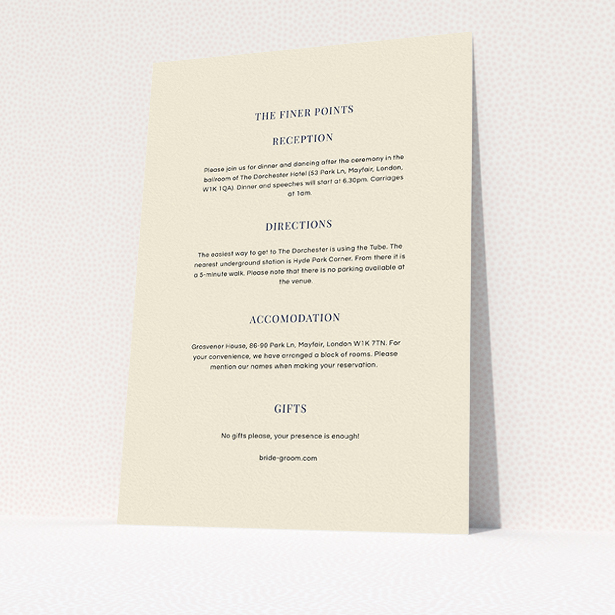 A wedding information sheet design named "Classic face". It is an A5 card in a portrait orientation. "Classic face" is available as a flat card, with mainly cream colouring.