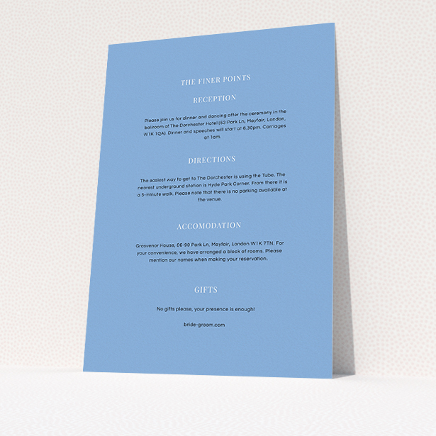 A wedding information sheet design called "Classic face". It is an A5 card in a portrait orientation. "Classic face" is available as a flat card, with mainly light blue colouring.