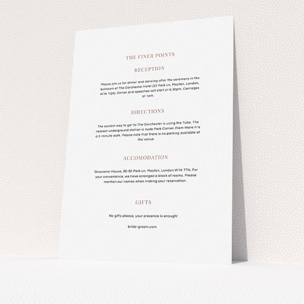 A wedding information sheet design titled "Classic face". It is an A5 card in a portrait orientation. "Classic face" is available as a flat card, with mainly white colouring.