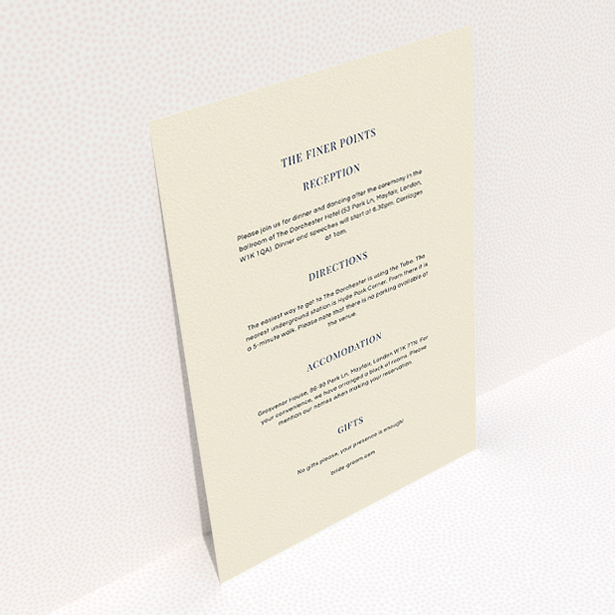 A wedding information sheet design named "Classic face". It is an A5 card in a portrait orientation. "Classic face" is available as a flat card, with mainly cream colouring.