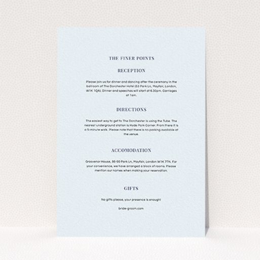 A wedding information sheet called "Classic face". It is an A6 card in a portrait orientation. "Classic face" is available as a flat card, with mainly light blue colouring.