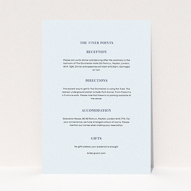 A wedding information sheet called "Classic face". It is an A6 card in a portrait orientation. "Classic face" is available as a flat card, with mainly light blue colouring.