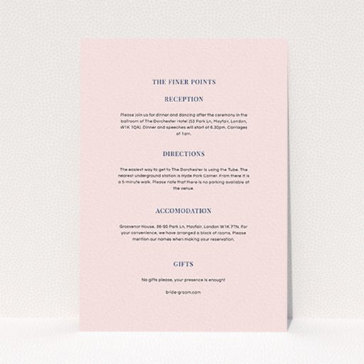A wedding information sheet design called "Classic face". It is an A6 card in a portrait orientation. "Classic face" is available as a flat card, with mainly light pink colouring.