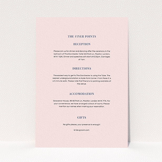 A wedding information sheet design called "Classic face". It is an A6 card in a portrait orientation. "Classic face" is available as a flat card, with mainly light pink colouring.