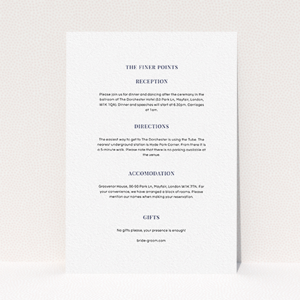 A wedding information sheet named "Classic face". It is an A6 card in a portrait orientation. "Classic face" is available as a flat card, with mainly white colouring.