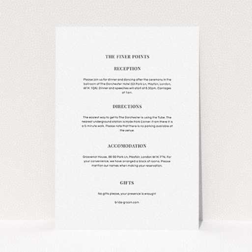 A wedding information sheet template titled "Classic face". It is an A6 card in a portrait orientation. "Classic face" is available as a flat card, with mainly white colouring.