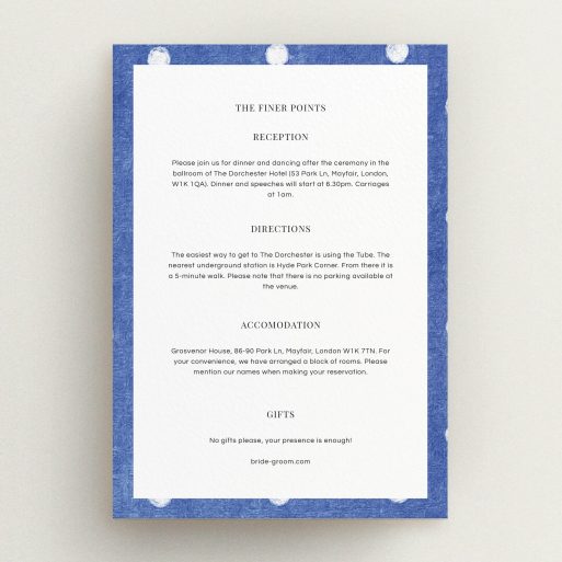 Wedding Information Sheet Design - "Cloth polkadots" A wedding information sheet template titled "Cloth polkadots". It is an A5 card in a portrait orientation. "Cloth polkadots" is available as a flat card, with tones of blue and white.