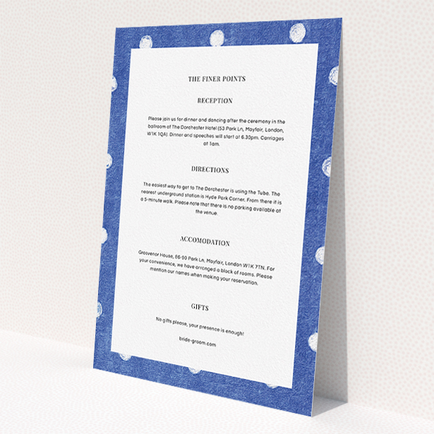 A wedding information sheet template titled 'Cloth polkadots'. It is an A5 card in a portrait orientation. 'Cloth polkadots' is available as a flat card, with tones of blue and white.