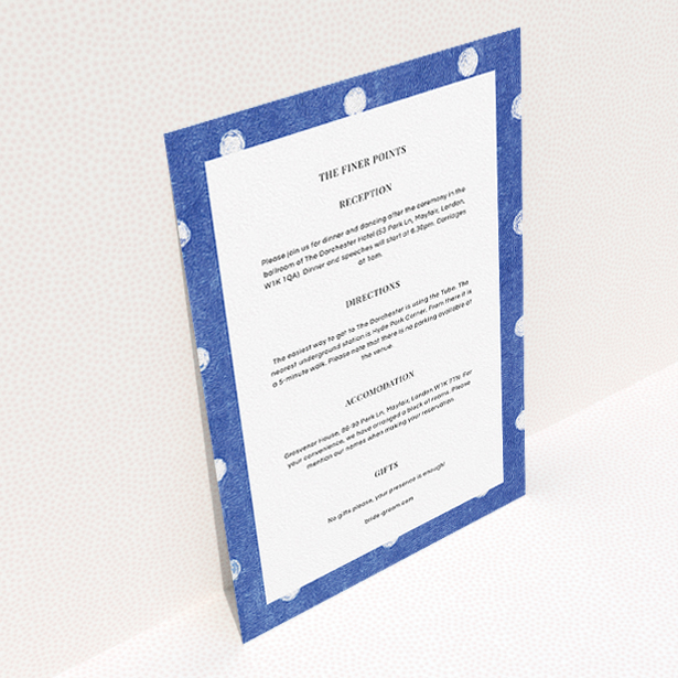 A wedding information sheet template titled "Cloth polkadots". It is an A5 card in a portrait orientation. "Cloth polkadots" is available as a flat card, with tones of blue and white.