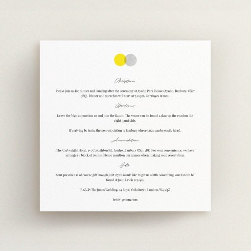 Wedding Information Sheet Design - "Cork Stamps" A wedding information sheet named "Cork Stamps". It is a square (148mm x 148mm) card in a square orientation. "Cork Stamps" is available as a flat card, with tones of white and grey.
