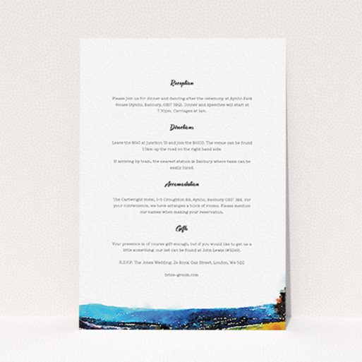 A wedding information sheet design titled "Country Road". It is an A6 card in a portrait orientation. "Country Road" is available as a flat card, with tones of white and blue.