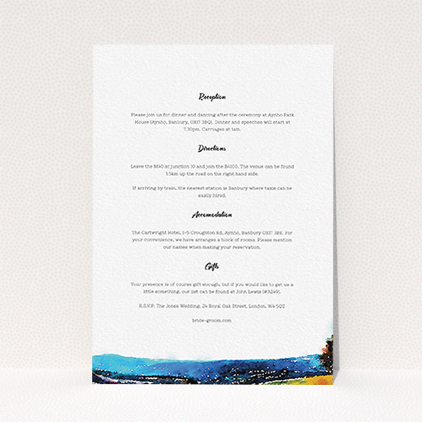 A wedding information sheet design titled "Country Road". It is an A6 card in a portrait orientation. "Country Road" is available as a flat card, with tones of white and blue.