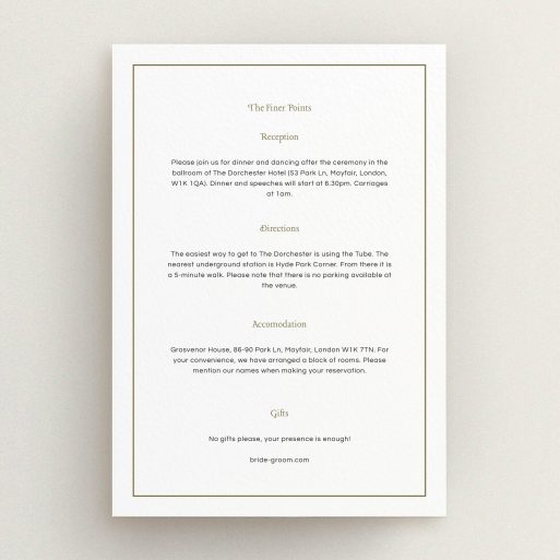 Wedding Information Sheet Design - "Deco Cream" A wedding information sheet called "Deco Cream". It is an A5 card in a portrait orientation. "Deco Cream" is available as a flat card, with mainly white colouring.