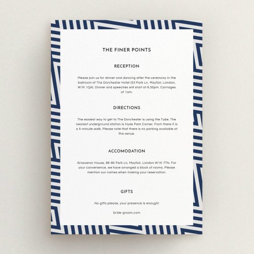 Wedding Information Sheet Design - "Diamond scratch" A wedding information sheet design called "Diamond scratch". It is an A5 card in a portrait orientation. "Diamond scratch" is available as a flat card, with tones of navy blue and white.