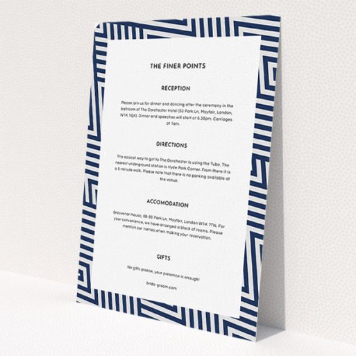 A wedding information sheet design called 'Diamond scratch'. It is an A5 card in a portrait orientation. 'Diamond scratch' is available as a flat card, with tones of navy blue and white.