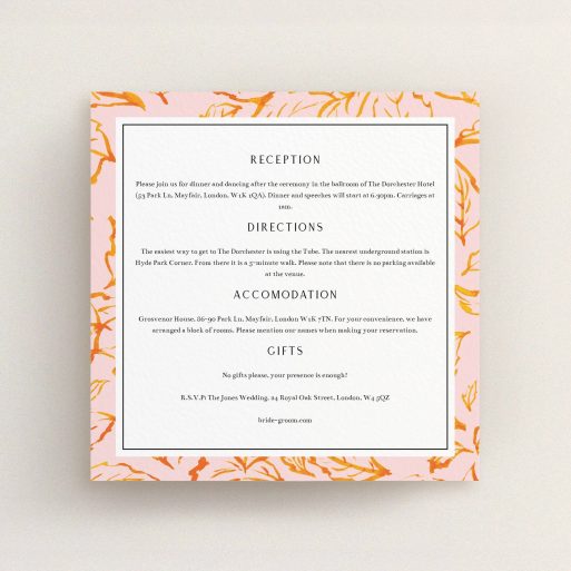 Wedding Information Sheet Design - "Falling Foliage" A wedding information sheet called "Falling Foliage". It is a square (148mm x 148mm) card in a square orientation. "Falling Foliage" is available as a flat card, with tones of pink and orange.