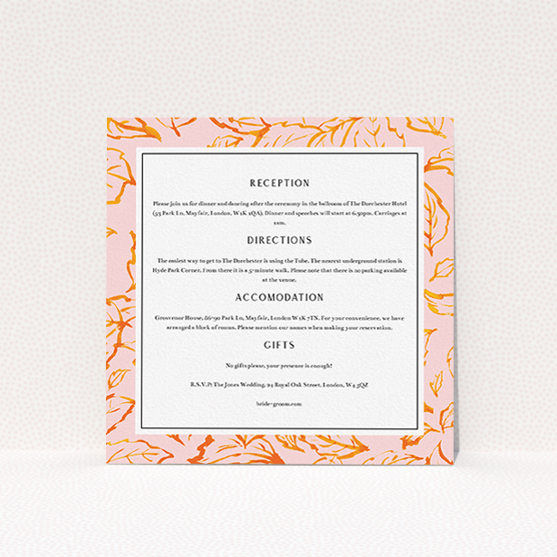 A wedding information sheet called "Falling Foliage". It is a square (148mm x 148mm) card in a square orientation. "Falling Foliage" is available as a flat card, with tones of pink and orange.