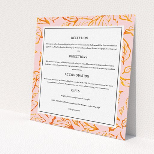 A wedding information sheet called 'Falling Foliage'. It is a square (148mm x 148mm) card in a square orientation. 'Falling Foliage' is available as a flat card, with tones of pink and orange.
