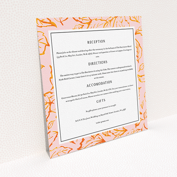 A wedding information sheet called "Falling Foliage". It is a square (148mm x 148mm) card in a square orientation. "Falling Foliage" is available as a flat card, with tones of pink and orange.