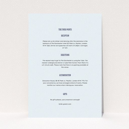 A wedding information sheet template titled "Fill the space". It is an A5 card in a portrait orientation. "Fill the space" is available as a flat card, with mainly light blue colouring.