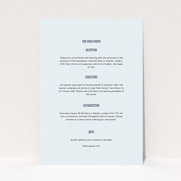A wedding information sheet template titled "Fill the space". It is an A5 card in a portrait orientation. "Fill the space" is available as a flat card, with mainly light blue colouring.