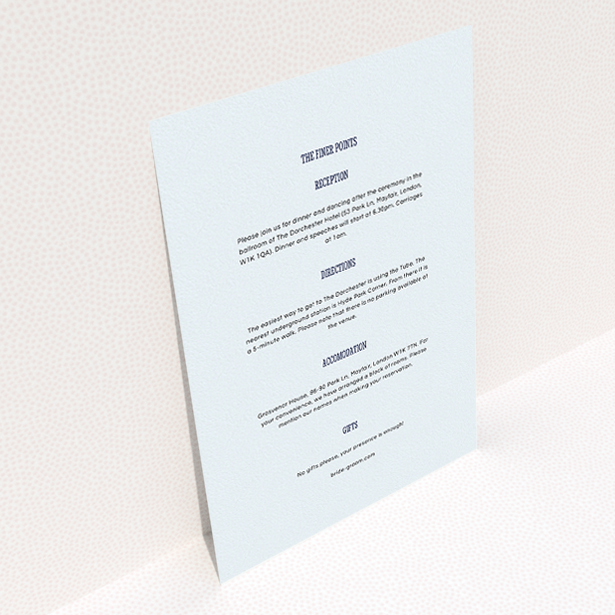 A wedding information sheet template titled "Fill the space". It is an A5 card in a portrait orientation. "Fill the space" is available as a flat card, with mainly light blue colouring.
