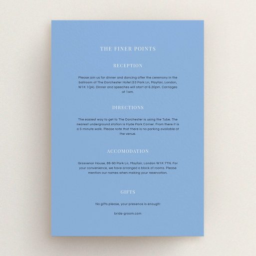 Wedding Information Sheet Design - "Flower spiral" A wedding information sheet named "Flower spiral". It is an A5 card in a portrait orientation. "Flower spiral" is available as a flat card, with mainly light blue colouring.