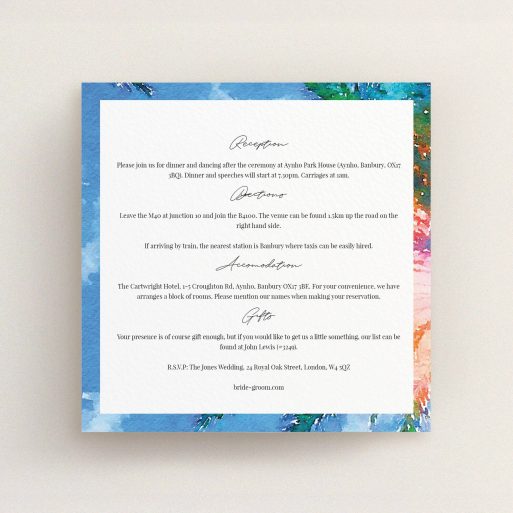 Wedding Information Sheet Design - "From the Sunbed" A wedding information sheet template titled "From the Sunbed". It is a square (148mm x 148mm) card in a square orientation. "From the Sunbed" is available as a flat card, with tones of sky blue and green.
