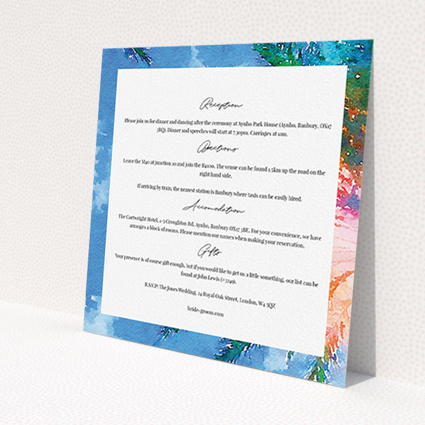 A wedding information sheet template titled "From the Sunbed". It is a square (148mm x 148mm) card in a square orientation. "From the Sunbed" is available as a flat card, with tones of sky blue and green.