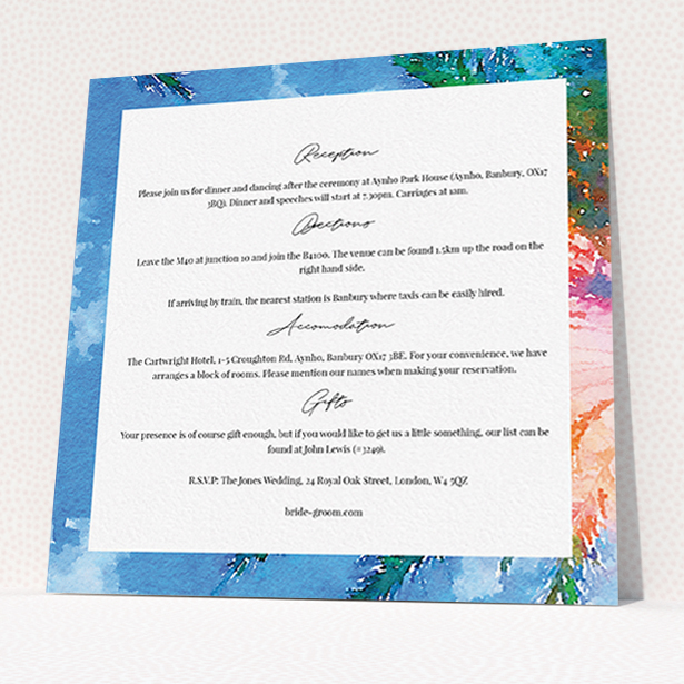 A wedding information sheet template titled "From the Sunbed". It is a square (148mm x 148mm) card in a square orientation. "From the Sunbed" is available as a flat card, with tones of sky blue and green.