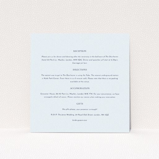 A wedding information sheet template titled "Front and centre". It is a square (148mm x 148mm) card in a square orientation. "Front and centre" is available as a flat card, with mainly light blue colouring.