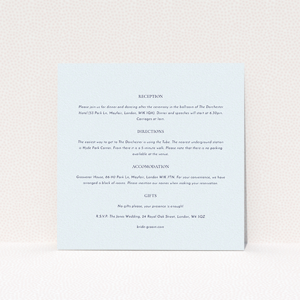 A wedding information sheet template titled "Front and centre". It is a square (148mm x 148mm) card in a square orientation. "Front and centre" is available as a flat card, with mainly light blue colouring.