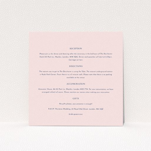 A wedding information sheet design titled "Front and centre". It is a square (148mm x 148mm) card in a square orientation. "Front and centre" is available as a flat card, with mainly light pink colouring.
