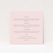 A wedding information sheet design titled "Front and centre". It is a square (148mm x 148mm) card in a square orientation. "Front and centre" is available as a flat card, with mainly light pink colouring.