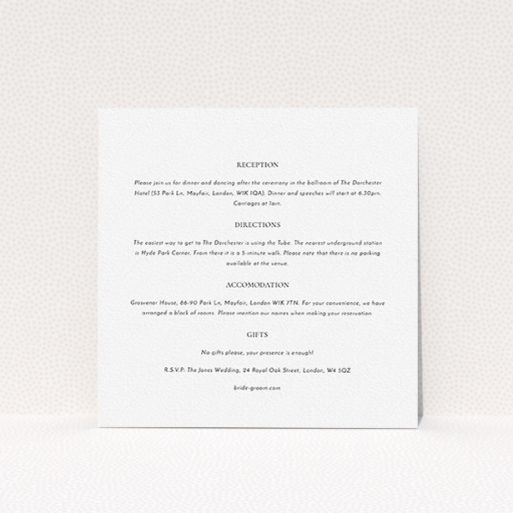 A wedding information sheet named "Front and centre". It is a square (148mm x 148mm) card in a square orientation. "Front and centre" is available as a flat card, with mainly white colouring.