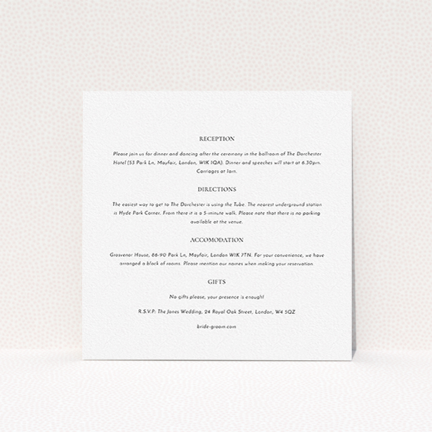 A wedding information sheet named "Front and centre". It is a square (148mm x 148mm) card in a square orientation. "Front and centre" is available as a flat card, with mainly white colouring.