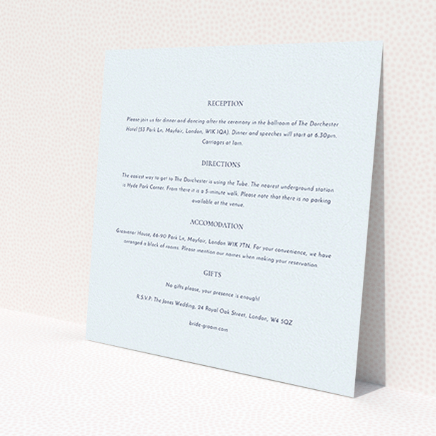 A wedding information sheet template titled "Front and centre". It is a square (148mm x 148mm) card in a square orientation. "Front and centre" is available as a flat card, with mainly light blue colouring.