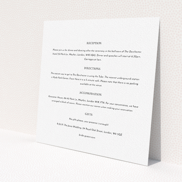 A wedding information sheet named "Front and centre". It is a square (148mm x 148mm) card in a square orientation. "Front and centre" is available as a flat card, with mainly white colouring.